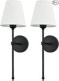 Bsmathom Wall Sconces Sets of 2, Rustic Industrial Wall Lamps, Hardwired Column Stand Sconces Wall Lighting, Bathroom Vanity Light Fixture with Fabric Shade for Bedroom Living Room Kitchen, Black