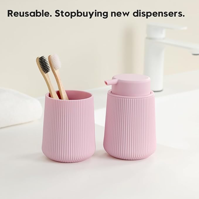 YAUKPH Striped Liquid Hand Soap Dispenser with Leak-Proof Pump for Bathroom and Kitchen Countertop 11 oz Pink