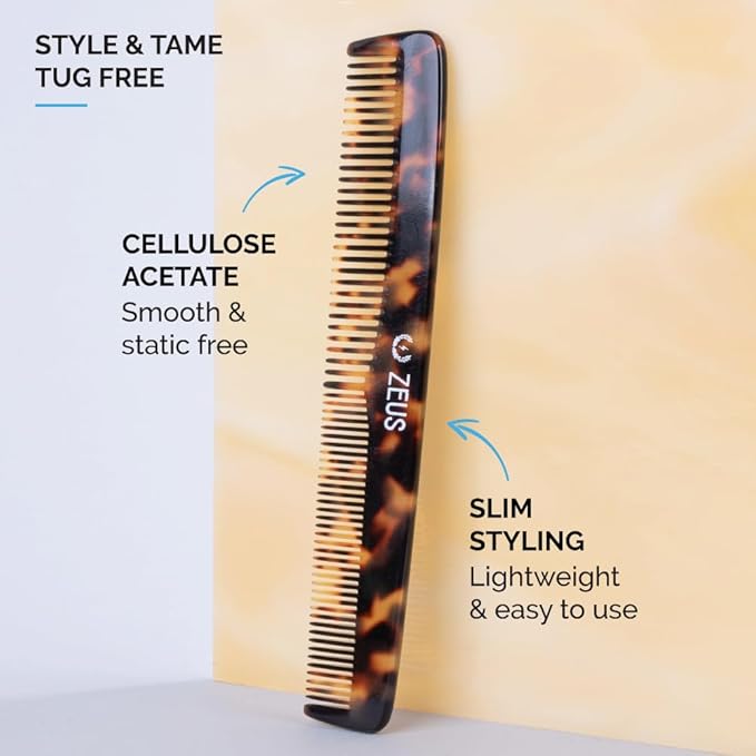ZEUS Beard Comb for Men, 6” Saw-Cut Tortoiseshell Hair Comb (V12)