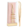 Hair Removal & Eyelash Tweezer - J-curved Tip for Precise Plucking - Applicator Tool for False Eyelash Clusters & Lash Extensions - 24K Gold Plating, Stainless Steel - Case Included