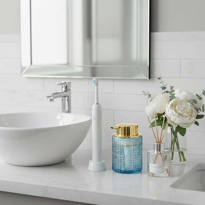 Fvstar Foaming Soap Dispenser, 2pcs Blue Glass Foam Soap Dispenser with Gold Pump, Refillable 10oz Lotion Liquid Container Pump Bottle for Bathroom Kitchen Countertop