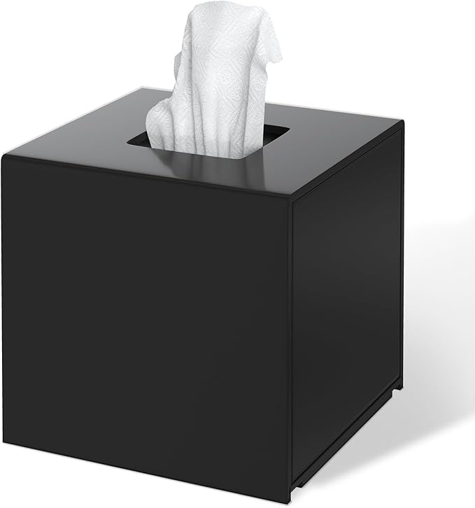 FEMELI Acrylic Tissue Box Cover Square - Matte Solid Cube Napkin Holder with Magnetic Bottom, Modern Decorative Facial Paper Dispenser for Bathroom, Bedroom, Kitchen - Black
