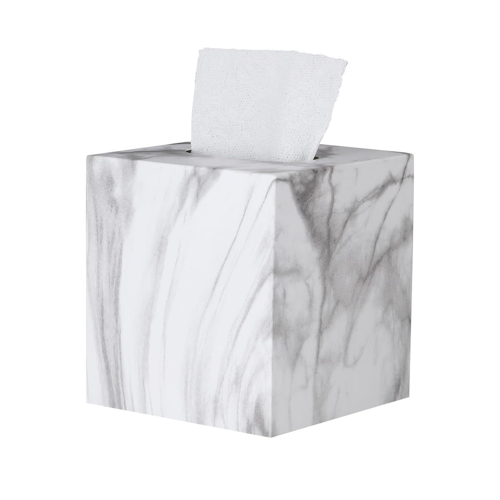 HOUSE DIARY Metal Square Tissue Box lid, Modern Facial Tissue Holder for Bathroom Vanity Tops, Bedroom Dressers, Nightstands, Desks, Offices (Marble White)