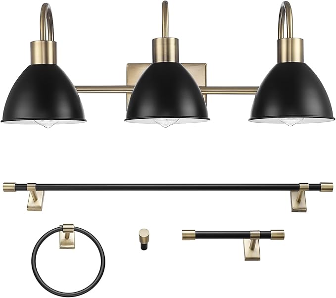 GLOBE Electric 63000058 5-Piece All-in-One Bathroom Accessory Set, Brass & Black, 3-Light Vanity Light, Towel Bar, Toilet Paper Holder, Towel Ring, Robe Hook, Bathroom Lights Over Mirror