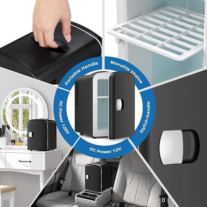 Electactic Compact Refrigerator, Portable Mini Fridge, Skin Care 4L/6 Cans, for Bedroom, Car, Office & Dorm, Small Cooler for Cosmetics, Beverage and Food, White