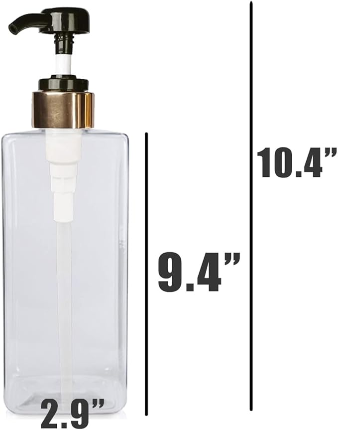 EZPRO USA Empty Plastic Square Bottles Pump Shampoo Conditioner Body Wash Face, in Shower Bathroom Dispenser, Waterproof Permanent Labels, 27oz 800ml Set of 4 (Clear Plastic, Gold Black Pump)