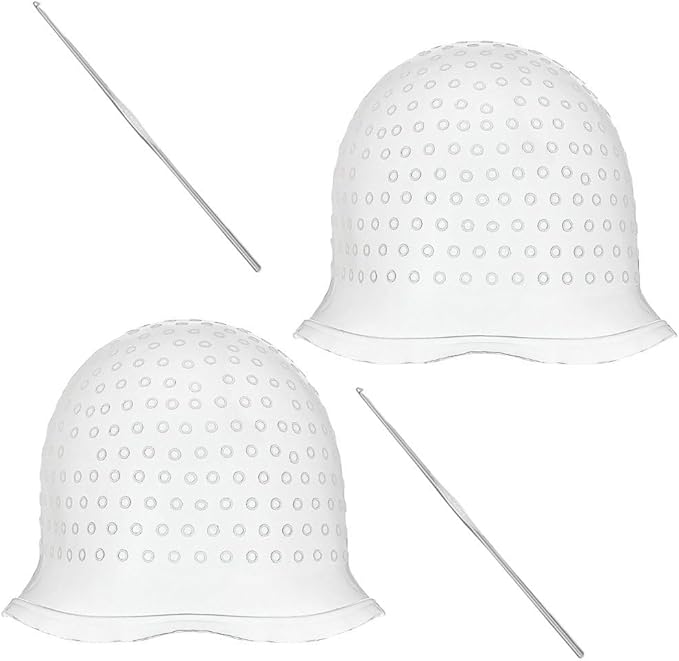 2 Pcs Hair Coloring Highlighting Cap Reusable Silicone Highlight Cap with Hook Hair Dye Cap with Holes Hair Salon Tools Hairdressing Highlighting Kit