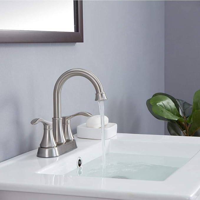 Brushed Nickel Bathroom Sink Faucets, 360° Swivel High-Arc Spout 2-Handle 4 Inch Centerset Lavatory Vanity Faucets Set for Bathroom Sink with Drain & Water Hoses, 2 Pack, VLSZST050L-2