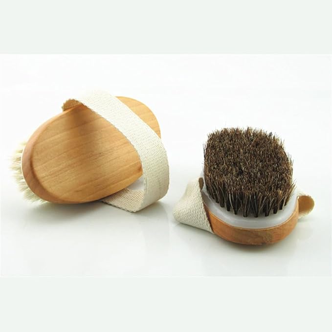 HiKin Wooden Soft Horsehair Mane Natural Bristles Bath & Shower Brush, 5x2.8 Inch Oval Shape Dry Body Brush Scrubber for Exfoliating, Detox and Cellulite, etc. (Brown Horsehair)