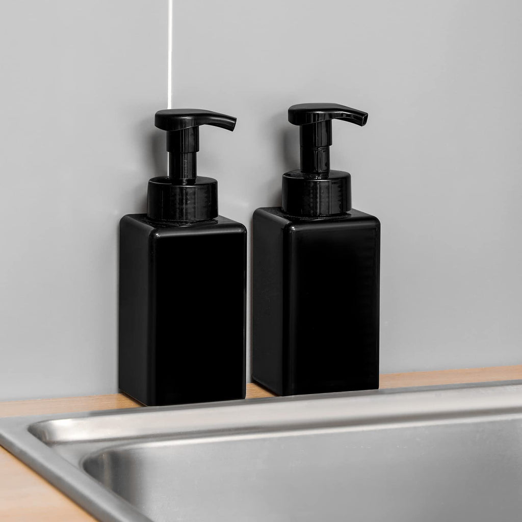 Foaming Soap Dispenser, 15oz Plastic Refillable Pump Bottle, 2 Pack, Black