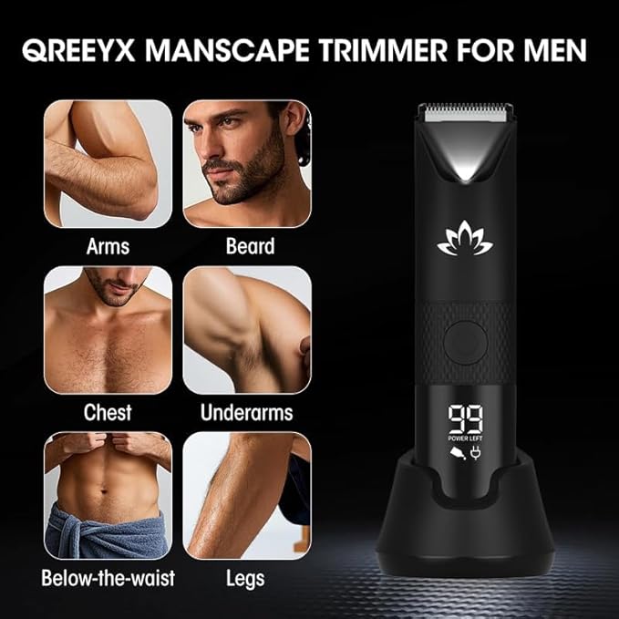 Qreeyx Manscape Trimmer for Men - Electric Body Hair Trimmer with Light, IPX7 Waterproof Electric Razor for Balls/Pubic/Groin/Legs/Chest Hair Removal, Lightweight with LED Display, Gifts for Him Dad