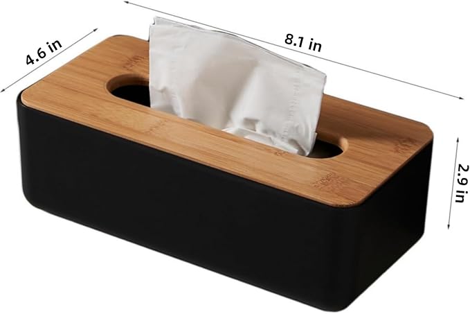 Tissue Box with Bamboo Cover,Plastic Tissue Organizer,Bathroom Tissue Dispenser for Home,Bedroom,Office,Living Room,8.1×4.6×2.9 in (Black)