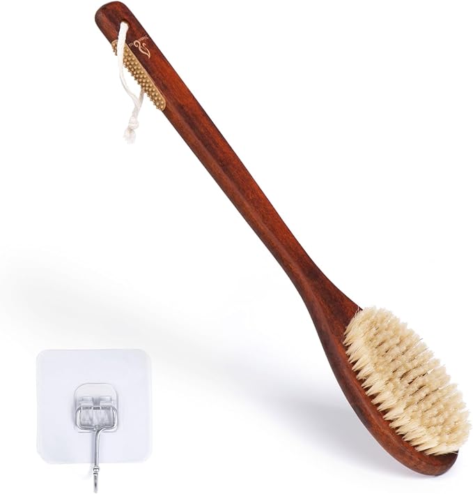 Wooden Bath Brush with Stiff Sisal Bristles Long Handle for Shower Back Scrubber Body Exfoliator, with Hook for Hanging (Stiff Sisal Hair)