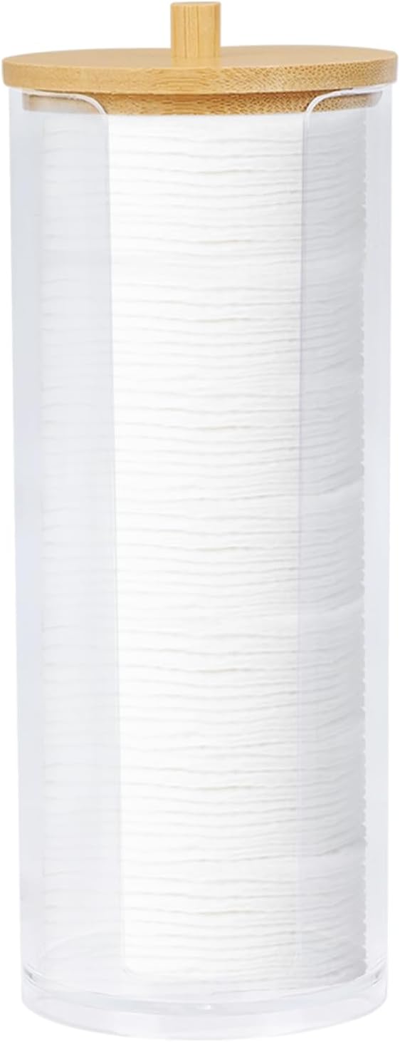Eyxformula Cotton Round Holder & Pad Dispenser | Clear Acrylic Makeup Remover Pads Container with Bamboo Lid - Hygienic Bathroom Vanity Storage Organizer | Includes 100 PCS Soft Cotton Rounds