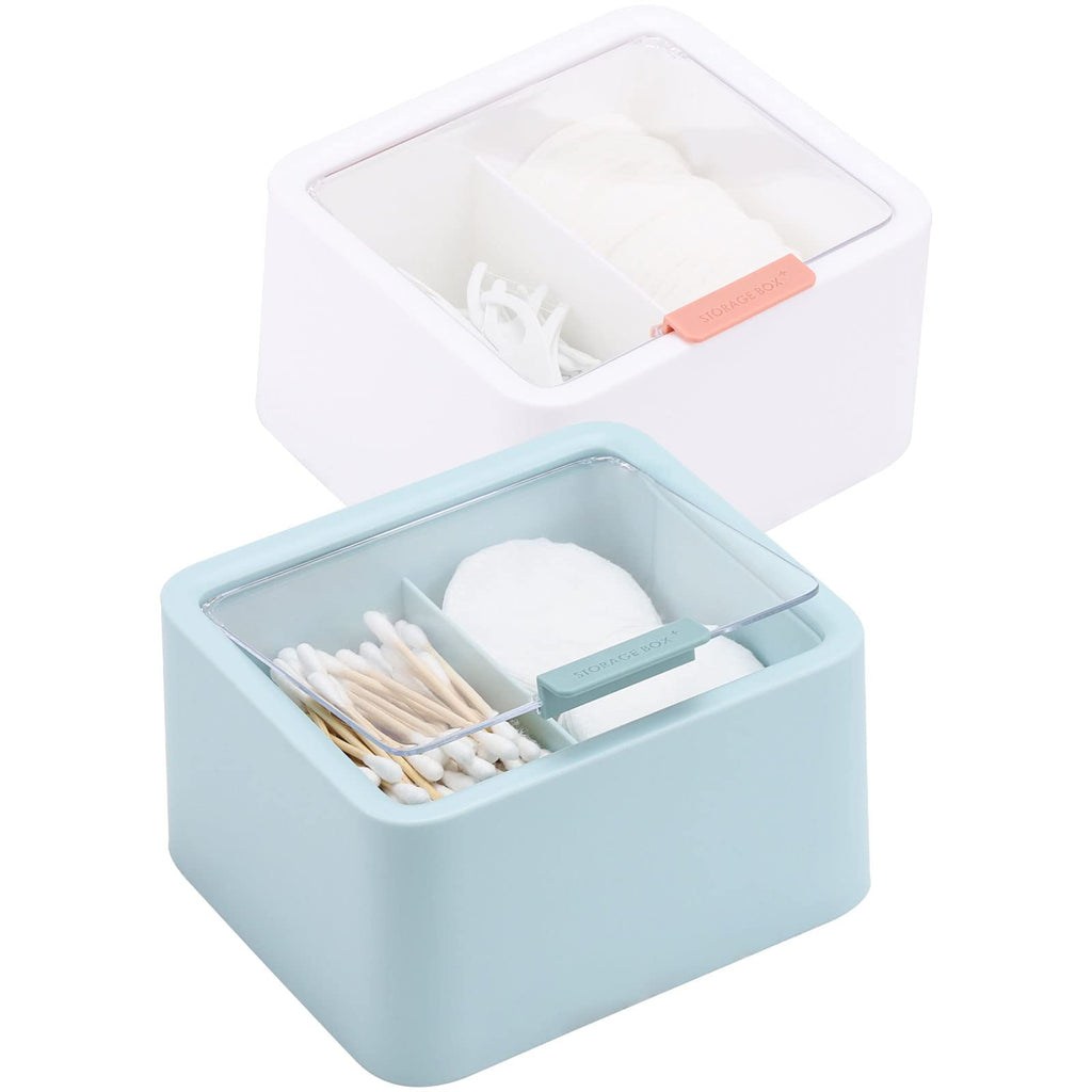 Tecbeauty 2pcs Qtips Holder - Middle Divider Cotton Pads Storage Dispenser Bathroom Organizer with Clear Hinged Lids for Cotton Balls Swabs Rounds-White & Blue