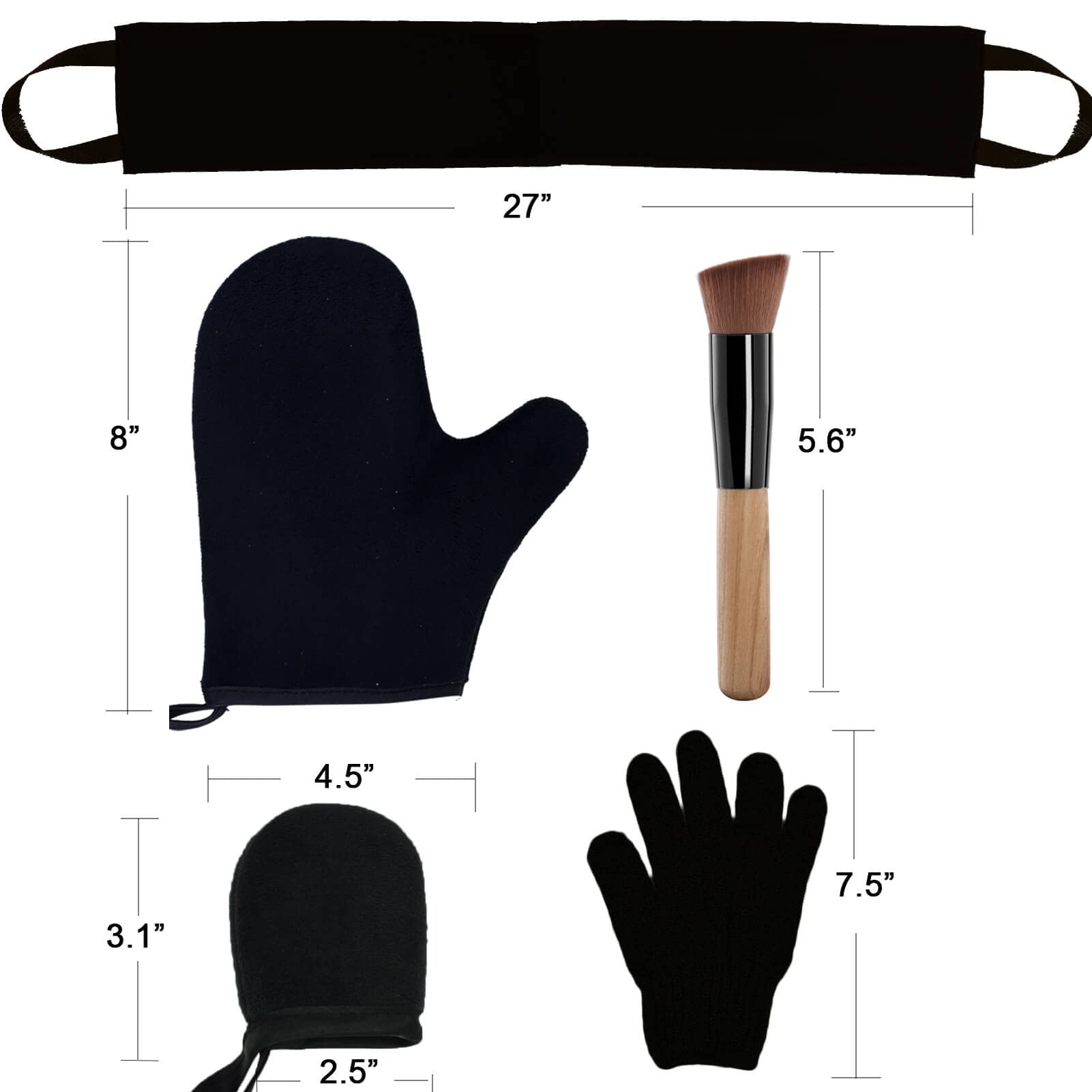 5 Piece Self Tanning Mitt Set with Tan Glove, Back Lotion Applicator, Face Mitt, Exfoliating Glove (Black)