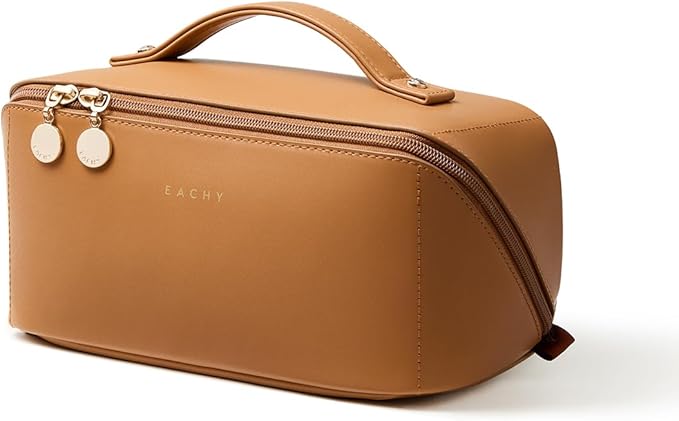 EACHY Travel Makeup Bag, 2.0 Cosmetic Bag for Women, Waterproof PU Leather,Flat Open Portable Toiletry Bag for Skincare, Brushes & Travel Essentials