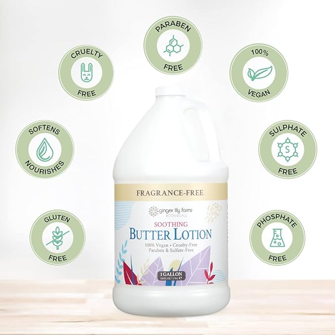 Ginger Lily Farms Botanicals Soothing Butter Lotion for Dry, Sensitive Skin, 100% Vegan & Cruelty-Free, Fragrance Free, 1 Gallon (128 fl oz) Refill (Pack of 4)