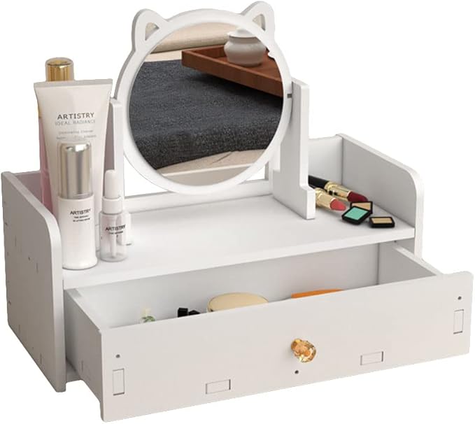 Alunsito Cat Ear Vanity Mirror, Desktop Makeup Mirror with Drawer, Multipurpose Cosmetic Box, Plastic Cosmetic Storage Organizer for Home, Bedroom Supplies, White Country Brush Drawer