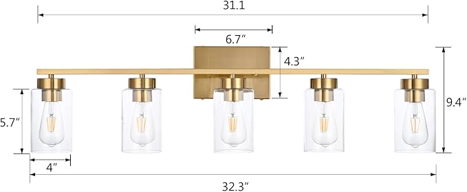 A1A9 5 Light Bathroom Vanity Light Fixtures, Brushed Brass Modern Wall Lights with Clear Glass Shade, Vintage Wall Sconce Lighting for Living Room, Mirror, Bedroom, Hallway (Gold, 5-Lights)