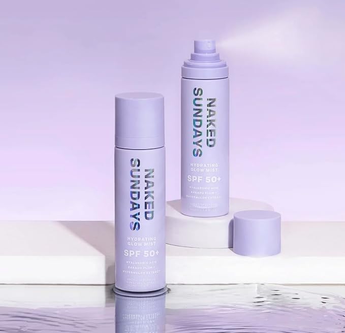 Naked Sundays SPF 50 Hydrating Glow Face Mist - Daily Sunscreen Spray & Makeup Setting Spray with Hyaluronic Acid, Lightweight, Non-Greasy & Hydrating, 2-Pack