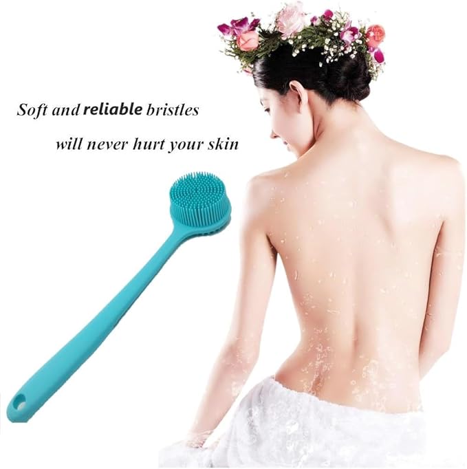 Long Handle Silicone Body Scrubber for Shower, Dual-Sided Back Scrubber Brush with Soft Bristles&Massage Nodes, Exfoliating Bath Brush for Hard to Reach Areas, Easy to Clean & Quick Dry, for Daily Use