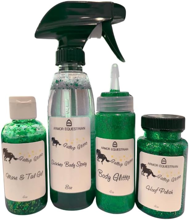 Horse Gallop Glitter Gift Set, 4 Items - Hoof Polish, Body Glitter, Mane and Tail Gel, Shimmer Body Spray (Green)