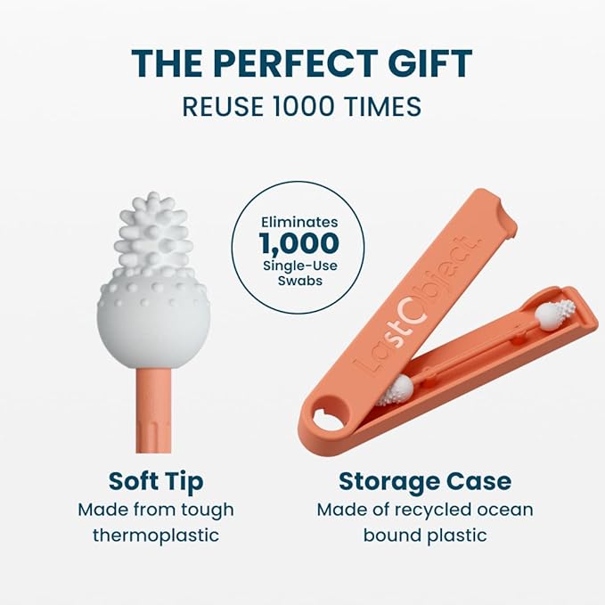 LastSwab™ Baby Reusable Q-Tips for Newborns & Infants - Gentle Silicone Safety Swabs, Ear & Nose Cleaner - Washable Cotton Swab Alternative, BPA-Free, Zero Waste - Peach