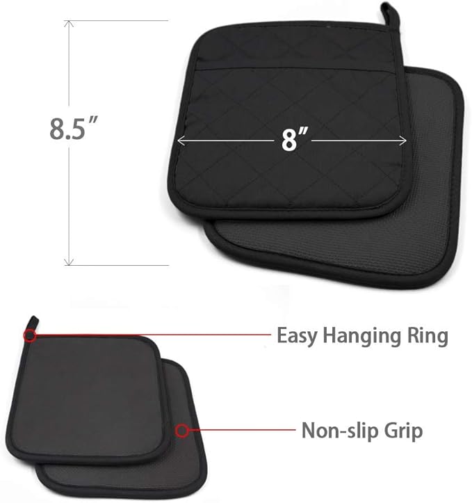 YEKOO 2Pcs Cotton and Neoprene Oven Pads Pot Holders with Pocket 8"x8.5" Dual-Function Hot Pad Set for Finger Hand Wrist Protection Heat Resistant to 428°F,Black