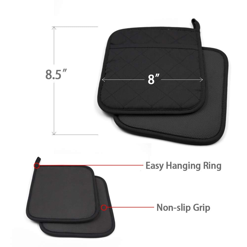 YEKOO 2Pcs Cotton and Neoprene Oven Pads Pot Holders with Pocket 8"x8.5" Dual-Function Hot Pad Set for Finger Hand Wrist Protection Heat Resistant to 428°F,Black
