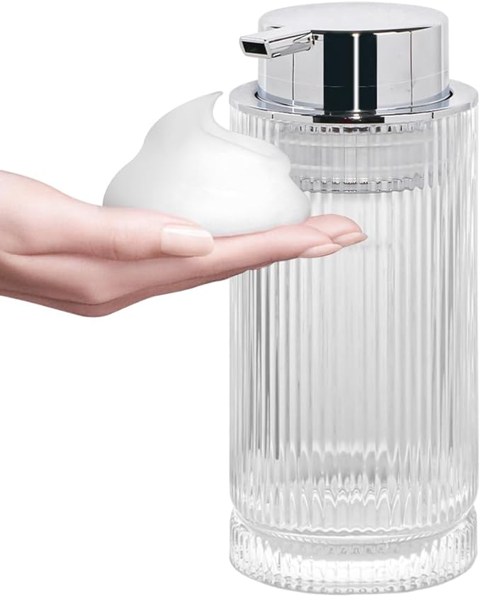 Tonxus 14 Oz Foaming Soap Dispenser, Clear Glass Soap Dispenser, Refillable Foam Pump Bottle Lotion Container with Silver Pump, Decorative Slim Ribbed Bottle for Bathroom and Kitchen Decor