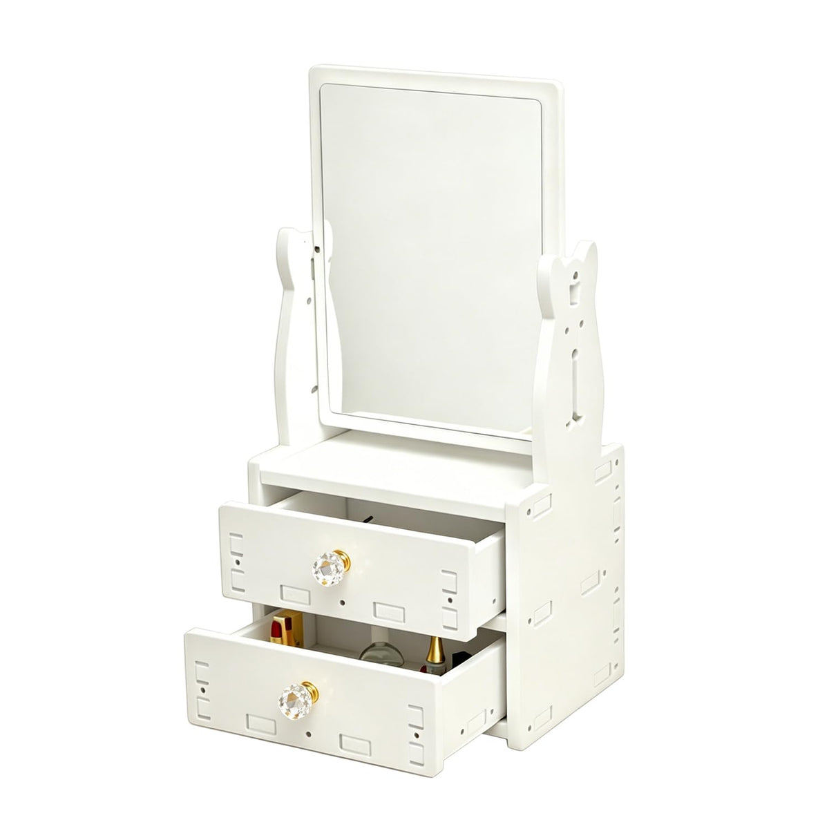 Alunsito Cosmetic Storage Box for Women, Girls, Desktop Vanity Mirror with Storage Drawer, Large 360° Rotating Vanity Tabletop, Desktop Counter Top Rectangular Makeup Mirror with Stand