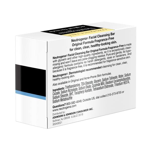 Neutrogena Original Fragrance-Free Facial Cleansing Bar with Glycerin, Pure & Transparent Gentle Face Wash Bar Soap, Free of Harsh Detergents, Dyes & Hardeners, 3.5 oz (Pack of 3)