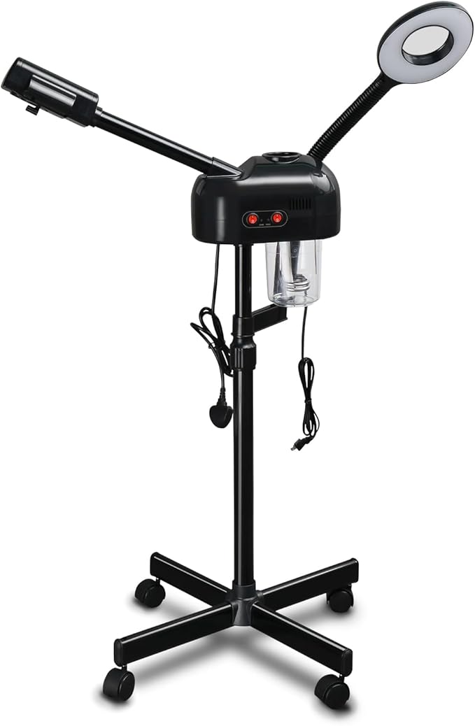 2-in-1 Professional Facial Steamer with 3X Magnifying Lamp, Ozone Face Steamer with Adjustable Height, Rolling Stand, 750W, Black