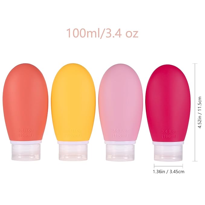 LIYUABU Leak Proof Silicone Travel Bottles,4 Pack 3.4oz Liquid Squeezable Refillable Portable Accessories/Cosmetic Containers,BPA Free,Travel Size Bottles for Toiletries Shampoo Conditioner Lotion