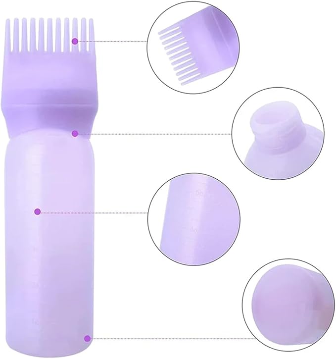 Root Comb Applicator Bottle 6 Ounce, 4 Pack Applicator Brush for Hair Dye, Hair Oil Applicator Bottle with Graduated Scale (Pink White Black Purple)