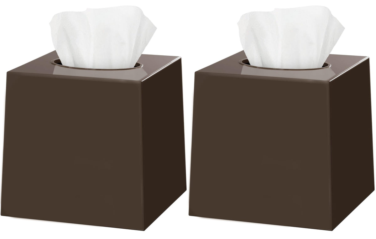 DWËLLZA HOMË Brown Tissue Box Cover Square - Plastic Facial Tissue Box Holder Set of 2 - Cube Tissue Holder Dispensers Fit Any Vanity Countertop, Bedroom Dresser, Office Desk or Brown Bathroom Decor