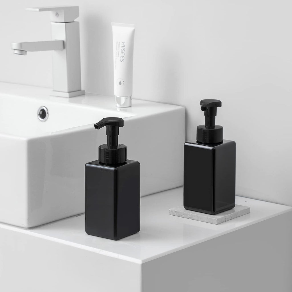 Foaming Soap Dispenser, 15oz Plastic Refillable Pump Bottle, 2 Pack, Black
