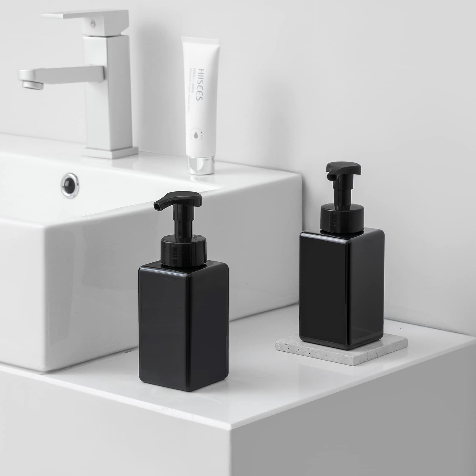 Foaming Soap Dispenser, 15oz Plastic Refillable Pump Bottle, 2 Pack, Black