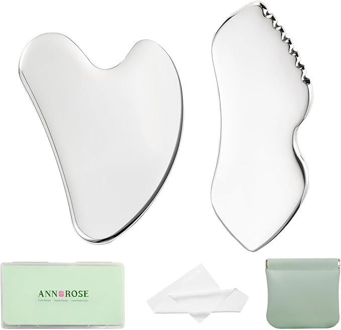annrose ANNROS 2Pcs Stainless Steel Gua Sha Facial Tools, GuaSha Set for Face Neck, Natural Skin Care，Perfect GuaSha Set for Skincare and Rituals and Travel-Friendly, Gift for Women
