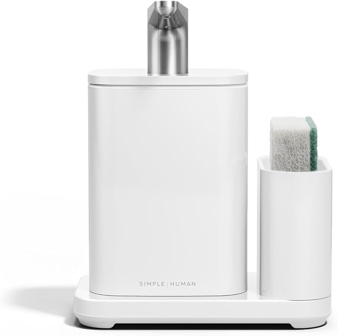 simplehuman Pulse Pump, 16 oz. with Caddy, Premium Soap Dispenser for Kitchen and Bathroom, Drip and Clog Free Valve, Mess-Free Wide Refill, Magnetic Caddy for Sponge, White Stainless Steel