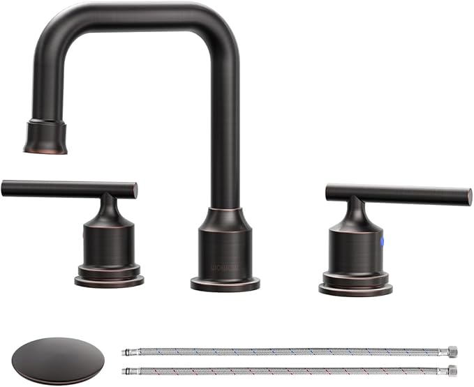 WOWOW Oil Rubbed Bronze Bathroom Faucet Widespread Bathroom Sink Faucet 3 Holes Vanity Faucet 2 Handle Basin Tap with Drain and Suplly Lines Retro