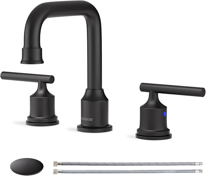 Black Bathroom Faucet 3 Holes, WOWOW Widepread Bathroom Sink Faucets 2 Handle, 8 Inch Vanity Tap with Drain and Supply liness Moddern
