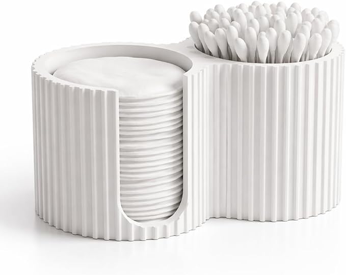 Cotton Pad and Swab Holder, 2-in-1 Bathroom Organizer for Cotton Rounds and Q-Tips, Modern Countertop Storage Container, White