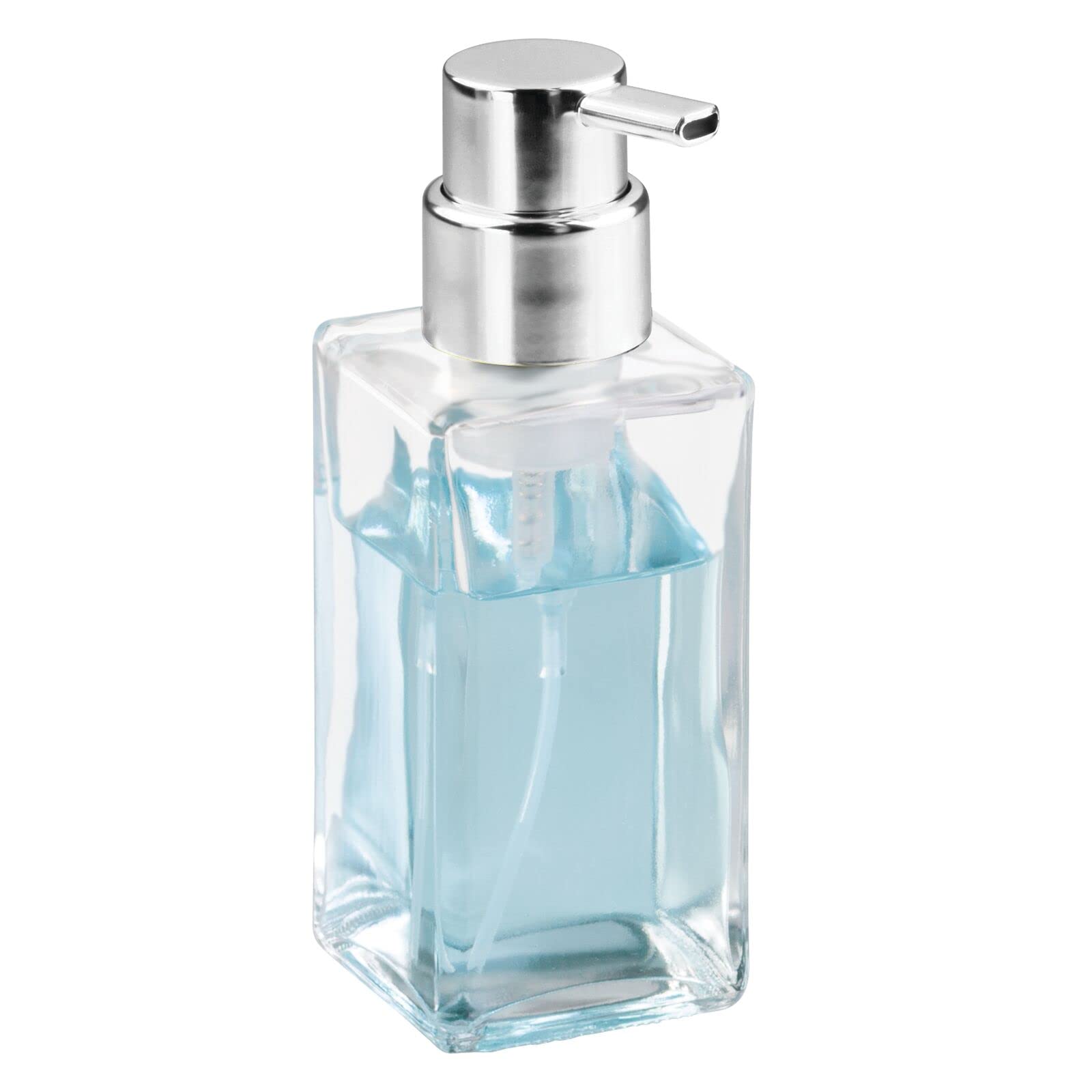 mDesign Glass Refillable Foaming Hand Soap Dispenser Modern Square Pump Bottle for Bathroom Vanities or Kitchen Sink, Countertops - 2 Pack - Clear/Chrome