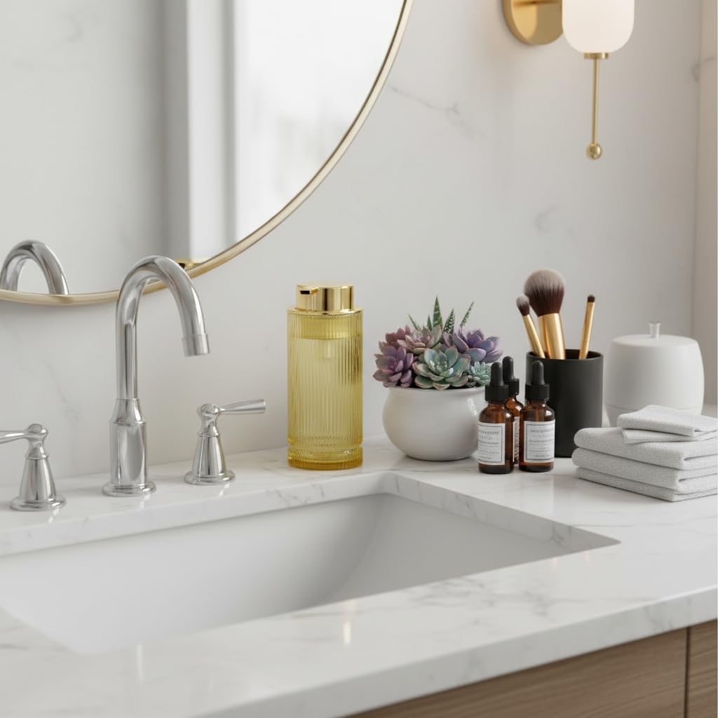 Tonxus 14 Oz Foaming Soap Dispenser, Amber Glass Soap Dispenser, Refillable Foam Pump Bottle Lotion Container with Gold Pump, Decorative Slim Ribbed Bottle for Bathroom and Kitchen Decor