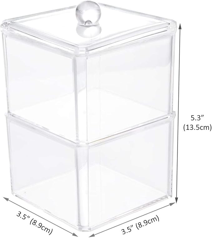 KW Collection Square Acrylic Cotton Ball Pads Gauze Swab Holder Organizer Q-tip Dispenser Storage Canister Bathroom Container Flossers Box Case (3.5 x 3.5 x 5.3 inches, Two Tiers, Transparent)