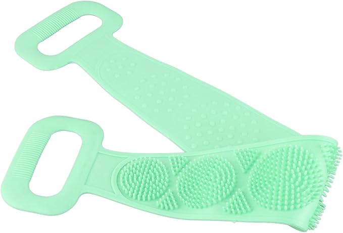 Silicone Back Scrubber Strap Double Sided Exfoliating Bath Shower Cleaning Belt Ergonomic Design for Men Women Kids Elderly Soft Dense Brush Hair Body Massage Tool (Green)