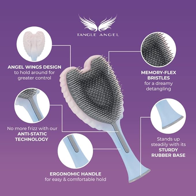 Detangling Hair Brush - Anti Static Angel Wing Hair Brush with Soft & Flexible Bristle for Straight & Wavy Hair - Tangle Angel Hair Detangler Brushes for Blow Drying & Shower - Gloss White & Pink