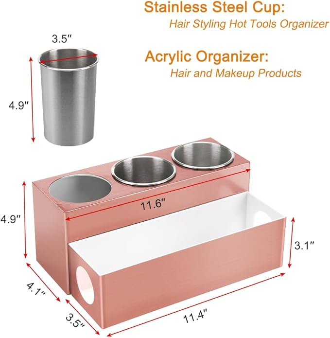 GFWARE Hot Hair Styling Tool Organizer with 3 Stainless Steel Cups, Pink